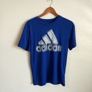 blue and white adidas t-shirt.